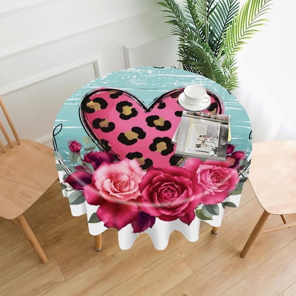 GooTPa 60 Inch Round Tablecloth, Leopard Print Heart Roses Teal Premium Polyester Straight Edge Wrinkle Resistant Washable Table Cover for Home Dining Party Decor