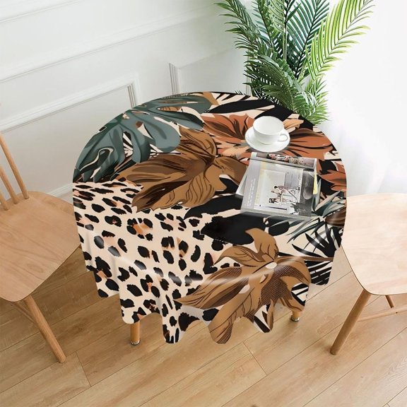 GooTPa 60 Inch Round Tablecloth, Leopard Print Tropical Leaves Premium Polyester Straight Edge Wrinkle Resistant Washable Table Cover for Home Dining Party Decor