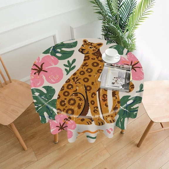 GooTPa 60 Inch Round Tablecloth, Leopard With Tropical Hibiscus Premium Polyester Straight Edge Wrinkle Resistant Washable Table Cover for Home Dining Party Decor