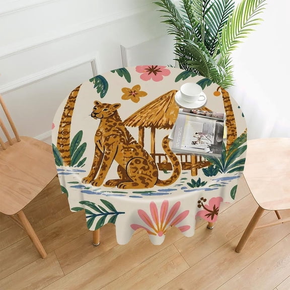 GooTPa 60 Inch Round Tablecloth, Leopard By Tropical Hut And Palms Premium Polyester Straight Edge Wrinkle Resistant Washable Table Cover for Home Dining Party Decor