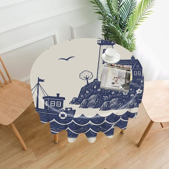 GooTPa 60 Inch Round Tablecloth,Lighthouse And Boat By Rocky Shore Premium Polyester Straight Edge Wrinkle Resistant Washable Table Cover for Home Dining Party Decor