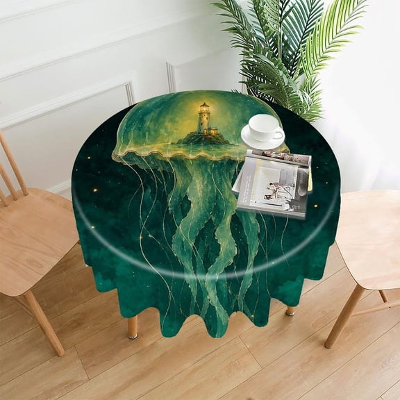 GooTPa 60 Inch Round Tablecloth,Lighthouse Inside Giant Jellyfish at Dusk Premium Polyester Straight Edge Wrinkle Resistant Washable Table Cover for Home Dining Party Decor