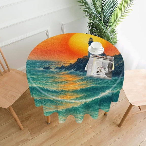 GooTPa 60 Inch Round Tablecloth, Lighthouse On Rocky Coast At Dusk Premium Polyester Straight Edge Wrinkle Resistant Washable Table Cover for Home Dining Party Decor
