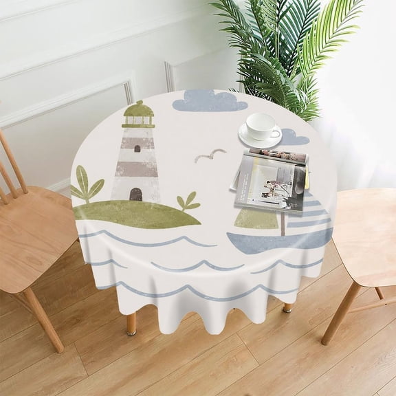 GooTPa 60 Inch Round Tablecloth,Lighthouse And Sailboat Coastal Scene Premium Polyester Straight Edge Wrinkle Resistant Washable Table Cover for Home Dining Party Decor