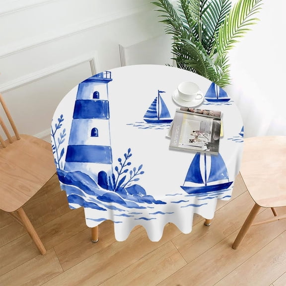 GooTPa 60 Inch Round Tablecloth,Lighthouse With Sailboats Scene Premium Polyester Straight Edge Wrinkle Resistant Washable Table Cover for Home Dining Party Decor