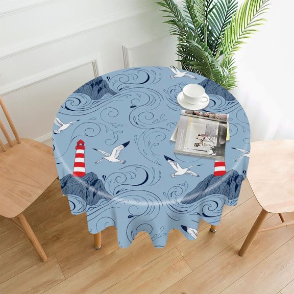 GooTPa 60 Inch Round Tablecloth, Lighthouse Seagull Coastal Design Premium Polyester Straight Edge Wrinkle Resistant Washable Table Cover for Home Dining Party Decor