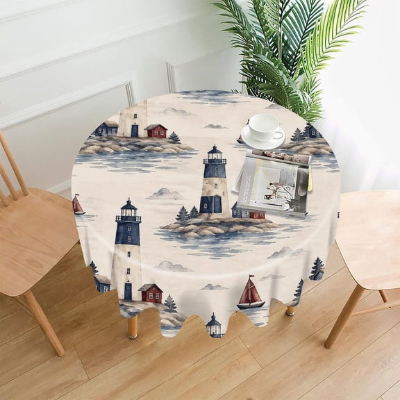 GooTPa 60 Inch Round Tablecloth,Lighthouse Village Nautical Premium Polyester Straight Edge Wrinkle Resistant Washable Table Cover for Home Dining Party Decor