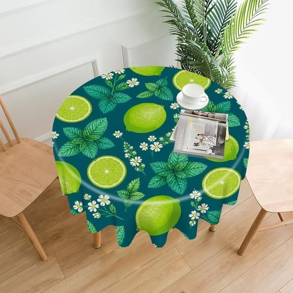GooTPa 60 Inch Round Tablecloth, Lime Mint Pattern Premium Polyester Straight Edge Wrinkle Resistant Washable Table Cover for Home Dining Party Decor