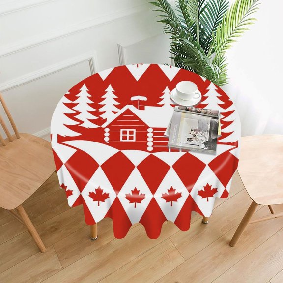 GooTPa 60 Inch Round Tablecloth, Log Cabin Forest Maple Leaf Red Premium Polyester Straight Edge Wrinkle Resistant Washable Table Cover for Home Dining Party Decor