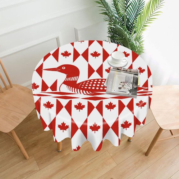 GooTPa 60 Inch Round Tablecloth, Loon Bird Maple Leaf Red Premium Polyester Straight Edge Wrinkle Resistant Washable Table Cover for Home Dining Party Decor