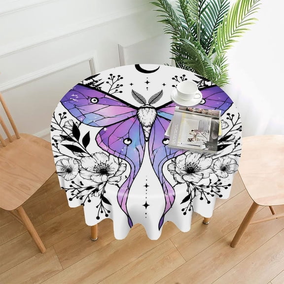 GooTPa 60 Inch Round Tablecloth,Luna Moth With Ferns And Blossoms Premium Polyester Straight Edge Wrinkle Resistant Washable Table Cover for Home Dining Party Decor