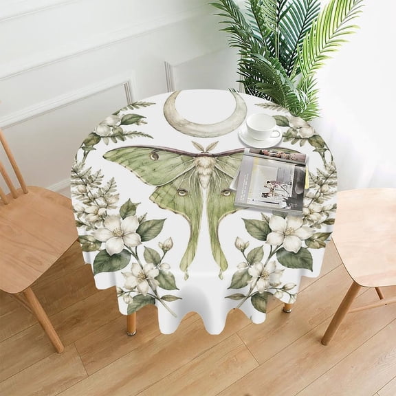 GooTPa 60 Inch Round Tablecloth,Luna Moth with Jasmine And Crescent Premium Polyester Straight Edge Wrinkle Resistant Washable Table Cover for Home Dining Party Decor