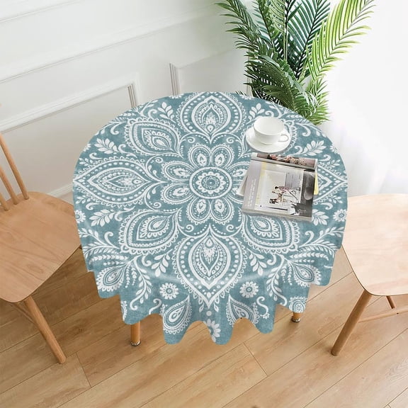 GooTPa 60 Inch Round Tablecloth,Mandala Paisley in White on Teal Premium Polyester Straight Edge Wrinkle Resistant Washable Table Cover for Home Dining Party Decor