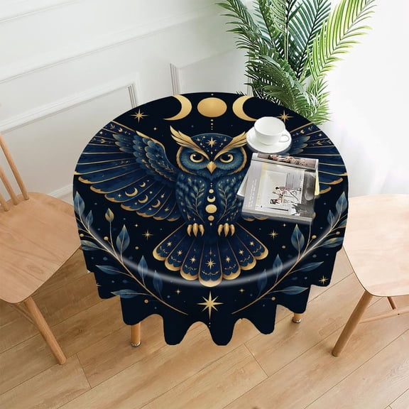 GooTPa 60 Inch Round Tablecloth, Midnight Blue Owl with Gold Celestial Details Premium Polyester Straight Edge Wrinkle Resistant Washable Table Cover for Home Dining Party Decor