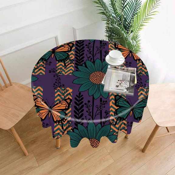 GooTPa 60 Inch Round Tablecloth,Midnight Monarch Garden Premium Polyester Straight Edge Wrinkle Resistant Washable Table Cover for Home Dining Party Decor