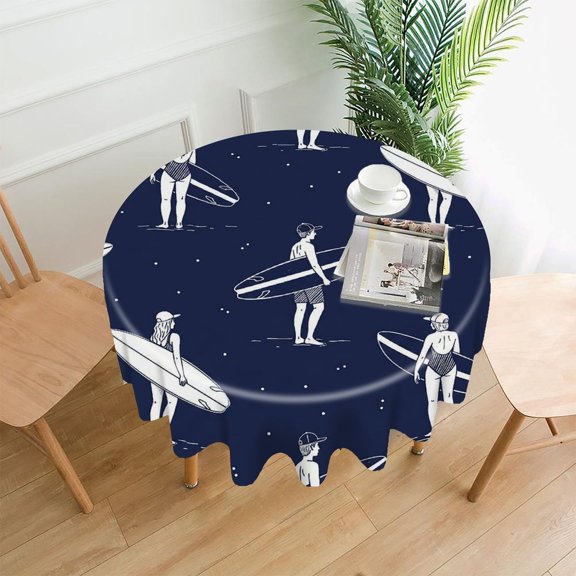 GooTPa 60 Inch Round Tablecloth,Midnight Starlight Surfer Silhouette Pattern Premium Polyester Straight Edge Wrinkle Resistant Washable Table Cover for Home Dining Party Decor