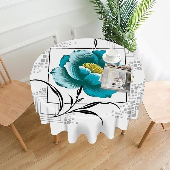 GooTPa 60 Inch Round Tablecloth, Modern Teal Rose Frame Graphic Premium Polyester Straight Edge Wrinkle Resistant Washable Table Cover for Home Dining Party Decor