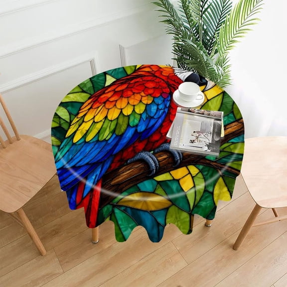 GooTPa 60 Inch Round Tablecloth, Mosaic Parrot Tropical Jungle Premium Polyester Straight Edge Wrinkle Resistant Washable Table Cover for Home Dining Party Decor