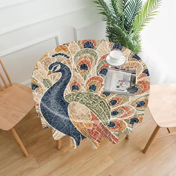 GooTPa 60 Inch Round Tablecloth,Mosaic Peacock With Spread Feathers Premium Polyester Straight Edge Wrinkle Resistant Washable Table Cover for Home Dining Party Decor