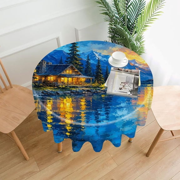 GooTPa 60 Inch Round Tablecloth, Mountain Cabin Sunset Premium Polyester Straight Edge Wrinkle Resistant Washable Table Cover for Home Dining Party Decor