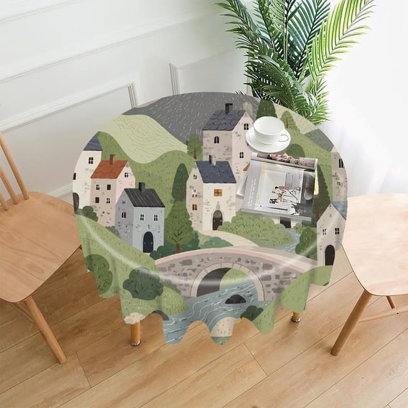 GooTPa 60 Inch Round Tablecloth, Mountain Village Bridge Premium Polyester Straight Edge Wrinkle Resistant Washable Table Cover for Home Dining Party Decor