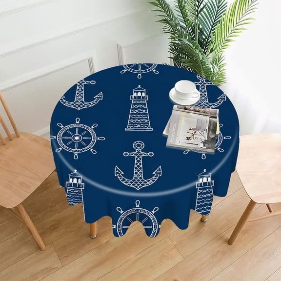 GooTPa 60 Inch Round Tablecloth, Nautical Anchors Lighthouses And Wheels Pattern Premium Polyester Straight Edge Wrinkle Resistant Washable Table Cover for Home Dining Party Decor