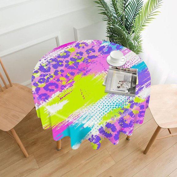 GooTPa 60 Inch Round Tablecloth, Neon Leopard Brush Strokes Pattern Premium Polyester Straight Edge Wrinkle Resistant Washable Table Cover for Home Dining Party Decor