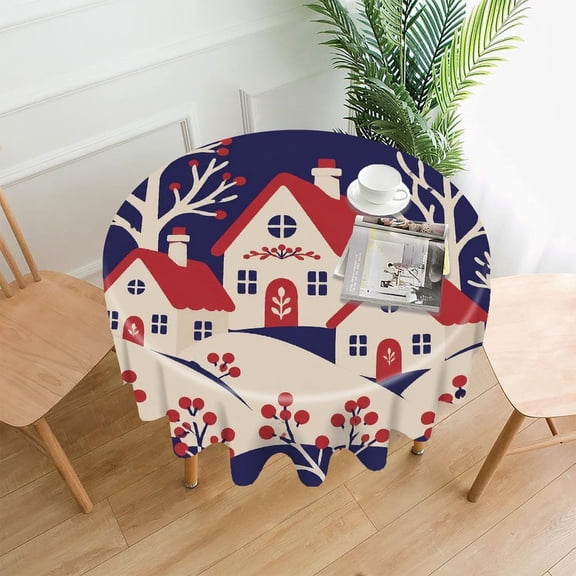 GooTPa 60 Inch Round Tablecloth,Nordic Village In Winter Landscape Premium Polyester Straight Edge Wrinkle Resistant Washable Table Cover for Home Dining Party Decor