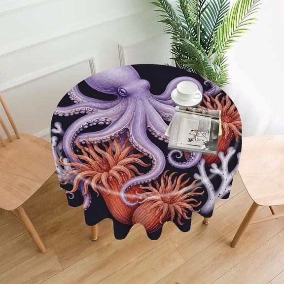 GooTPa 60 Inch Round Tablecloth,Octopus Anemone Dark Premium Polyester Straight Edge Wrinkle Resistant Washable Table Cover for Home Dining Party Decor