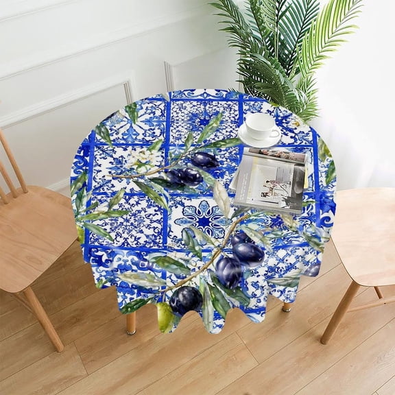 GooTPa 60 Inch Round Tablecloth,Olives Blue Tile Pattern Premium Polyester Straight Edge Wrinkle Resistant Washable Table Cover for Home Dining Party Decor