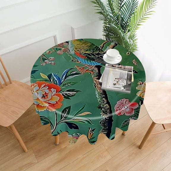 GooTPa 60 Inch Round Tablecloth, Oriental Bird Green Flowers Premium Polyester Straight Edge Wrinkle Resistant Washable Table Cover for Home Dining Party Decor