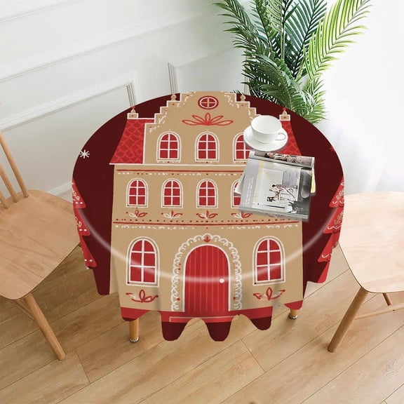 GooTPa 60 Inch Round Tablecloth,Ornate Gingerbread House With Trees Premium Polyester Straight Edge Wrinkle Resistant Washable Table Cover for Home Dining Party Decor