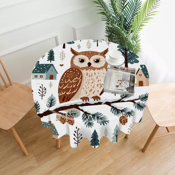 GooTPa 60 Inch Round Tablecloth,Owl On Branch In Winter Village Premium Polyester Straight Edge Wrinkle Resistant Washable Table Cover for Home Dining Party Decor