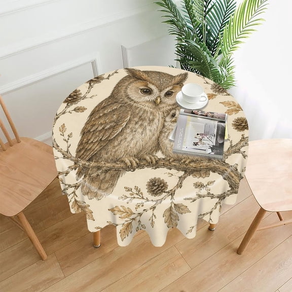 GooTPa 60 Inch Round Tablecloth,Owl Family On Autumn Branch Premium Polyester Straight Edge Wrinkle Resistant Washable Table Cover for Home Dining Party Decor