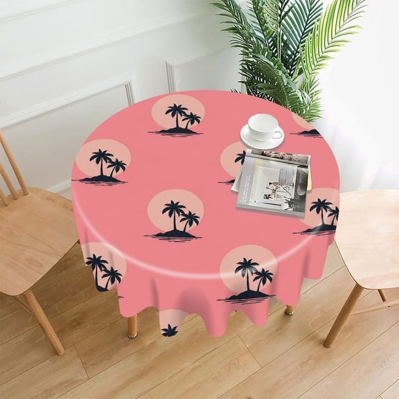 GooTPa 60 Inch Round Tablecloth, Palm Island Sunset Pattern Premium Polyester Straight Edge Wrinkle Resistant Washable Table Cover for Home Dining Party Decor