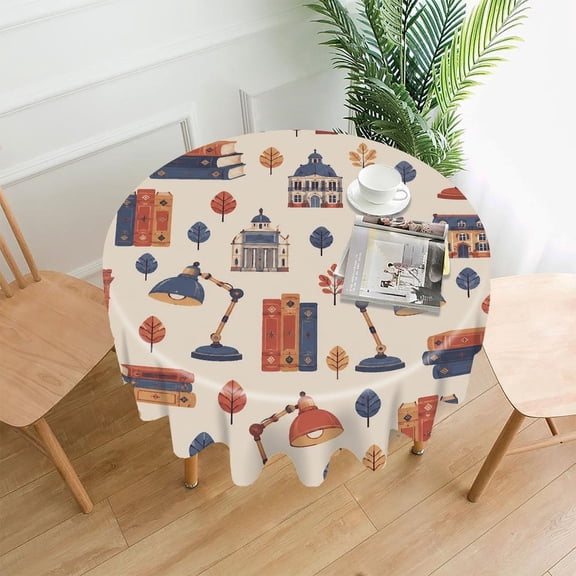 GooTPa 60 Inch Round Tablecloth, Paris Books Lamp Architecture Pattern Premium Polyester Straight Edge Wrinkle Resistant Washable Table Cover for Home Dining Party Decor
