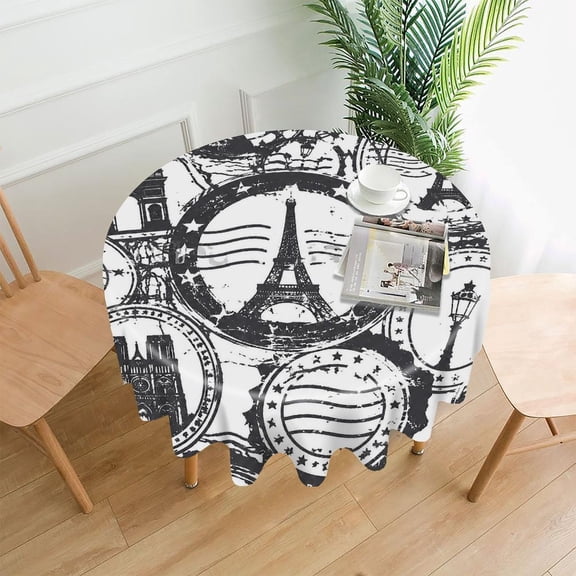 GooTPa 60 Inch Round Tablecloth, Paris Travel Stamp Pattern With Eiffel Tower Premium Polyester Straight Edge Wrinkle Resistant Washable Table Cover for Home Dining Party Decor