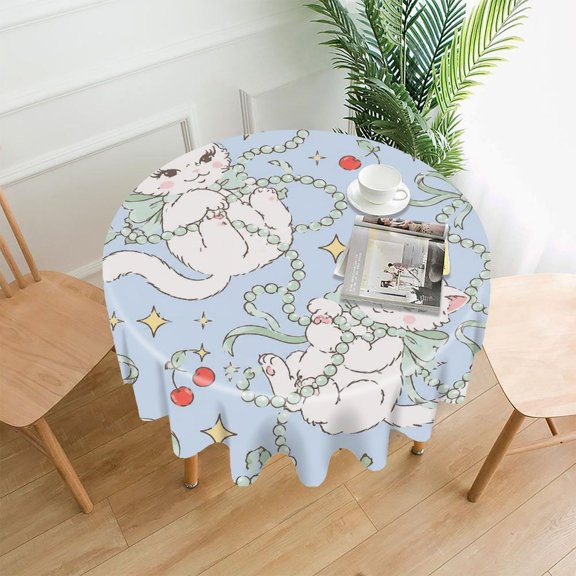 GooTPa 60 Inch Round Tablecloth,Pearl Cat Duo Premium Polyester Straight Edge Wrinkle Resistant Washable Table Cover for Home Dining Party Decor