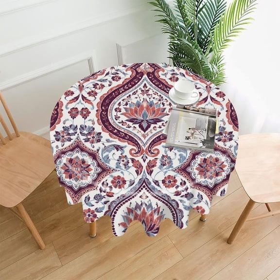 GooTPa 60 Inch Round Tablecloth, Persian Paisley Lotus Damask Premium Polyester Straight Edge Wrinkle Resistant Washable Table Cover for Home Dining Party Decor