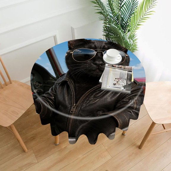GooTPa 60 Inch Round Tablecloth,Pilot Cat in Leather Jacket Premium Polyester Straight Edge Wrinkle Resistant Washable Table Cover for Home Dining Party Decor