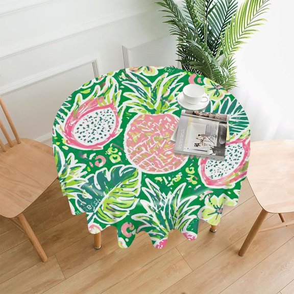 GooTPa 60 Inch Round Tablecloth, Pineapple And Dragon Fruit Tropical Pattern Premium Polyester Straight Edge Wrinkle Resistant Washable Table Cover for Home Dining Party Decor