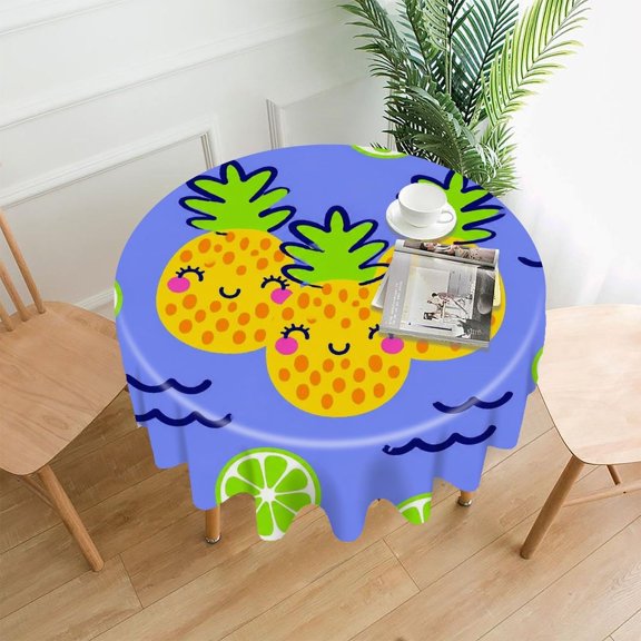 GooTPa 60 Inch Round Tablecloth,Pineapple Family Lime Wave Pattern Premium Polyester Straight Edge Wrinkle Resistant Washable Table Cover for Home Dining Party Decor