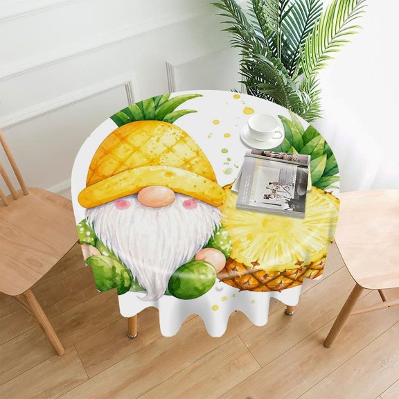 GooTPa 60 Inch Round Tablecloth,Pineapple Gnome Watercolor Premium Polyester Straight Edge Wrinkle Resistant Washable Table Cover for Home Dining Party Decor