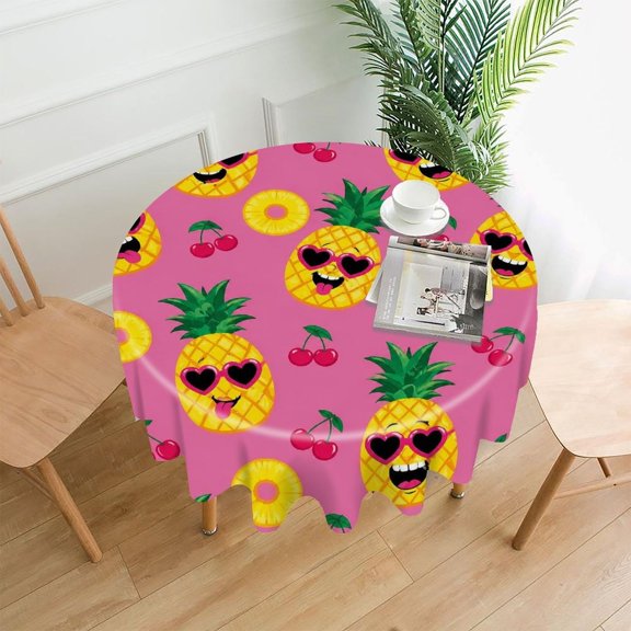 GooTPa 60 Inch Round Tablecloth,Pineapple Heart Sunglasses Cherry Pattern Premium Polyester Straight Edge Wrinkle Resistant Washable Table Cover for Home Dining Party Decor