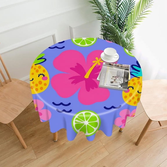 GooTPa 60 Inch Round Tablecloth,Pineapple Hibiscus Lime Wave Pattern Premium Polyester Straight Edge Wrinkle Resistant Washable Table Cover for Home Dining Party Decor