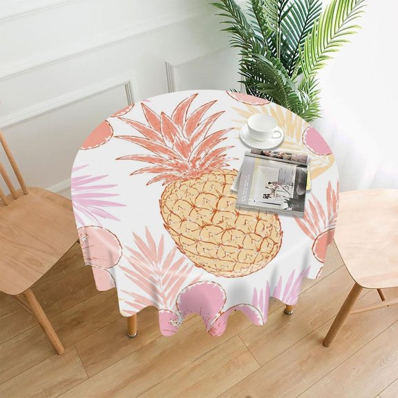 GooTPa 60 Inch Round Tablecloth,Pineapple Hibiscus Pink Premium Polyester Straight Edge Wrinkle Resistant Washable Table Cover for Home Dining Party Decor