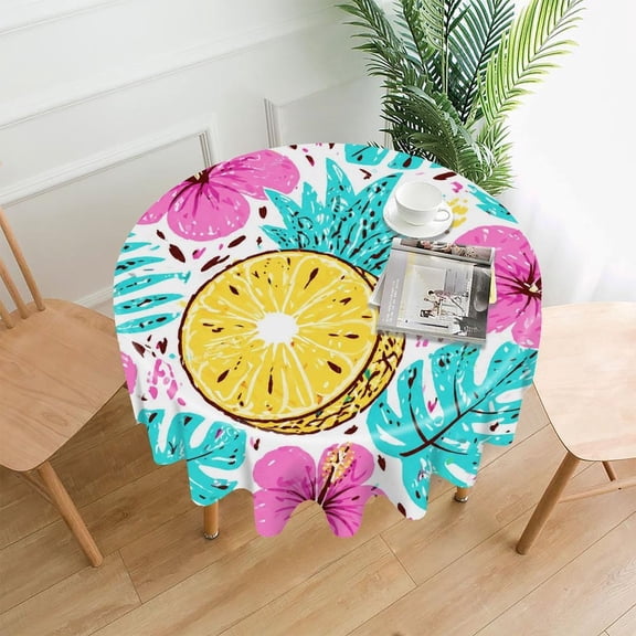 GooTPa 60 Inch Round Tablecloth,Pineapple Slice With Hibiscus Premium Polyester Straight Edge Wrinkle Resistant Washable Table Cover for Home Dining Party Decor