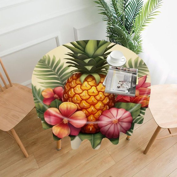 GooTPa 60 Inch Round Tablecloth, Pineapple Tropical Flowers Leaves Premium Polyester Straight Edge Wrinkle Resistant Washable Table Cover for Home Dining Party Decor