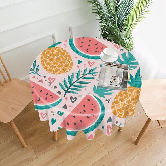 GooTPa 60 Inch Round Tablecloth, Pineapple Watermelon Tropical Fruit Pattern Premium Polyester Straight Edge Wrinkle Resistant Washable Table Cover for Home Dining Party Decor