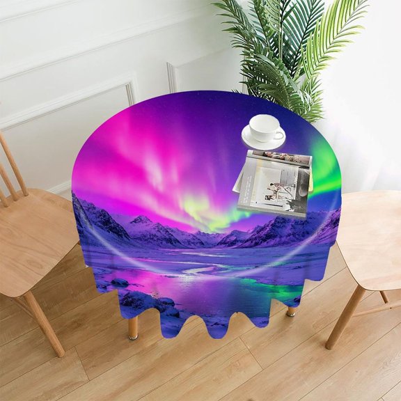 GooTPa 60 Inch Round Tablecloth, Pink Aurora Mountain Lake Snow Premium Polyester Straight Edge Wrinkle Resistant Washable Table Cover for Home Dining Party Decor